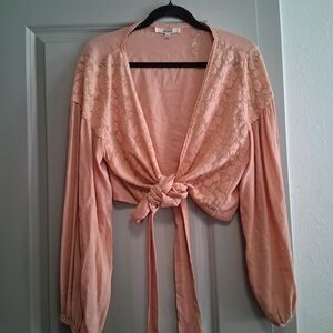 Chic Lace Tie-Front Blouse in Peach